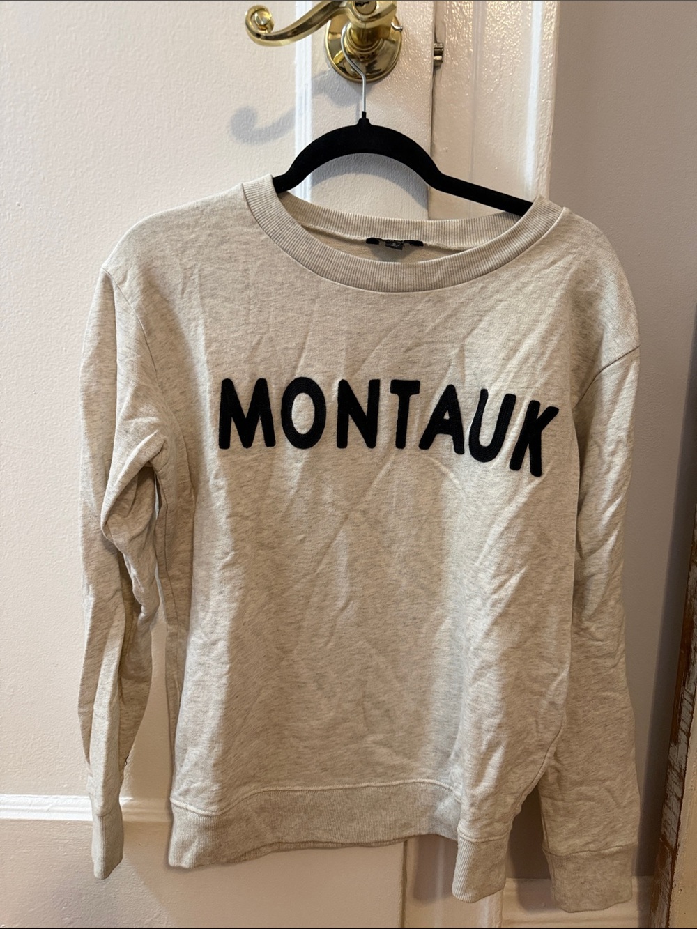 J. Crew Montauk Crewneck Sweater in Light Heather Gray with Black Appliqué
